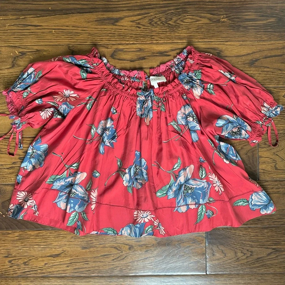 THE GREAT. Red Floral Puff-Sleeve silk Blouse - Picture 4 of 10